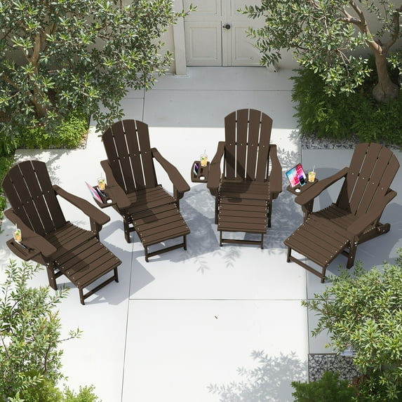 KINGYES Folding Adirondack Chair set of 4, Adjustable Backrest with Pull-Out Footrest & 4-in-1 Mobile Phone, Tablet, Cup Holder Tray, HDPE Plastic Adirondack Chair for Patio Garden Outdoors Fire Pit