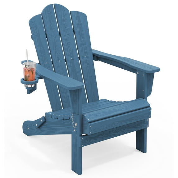 KINGYES Folding Adirondack Chair with Cup Holder, HDPE All-Weather Folding Adirondack Chair, Fir Pit Chairs for Patio Garden Backyard