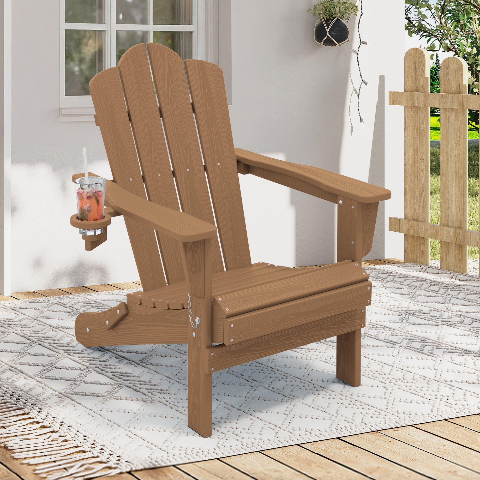 KINGYES Folding Adirondack Chair with Cup Holder, HDPE All-Weather Folding Adirondack Chair, Fir Pit Chairs for Patio Garden Backyard