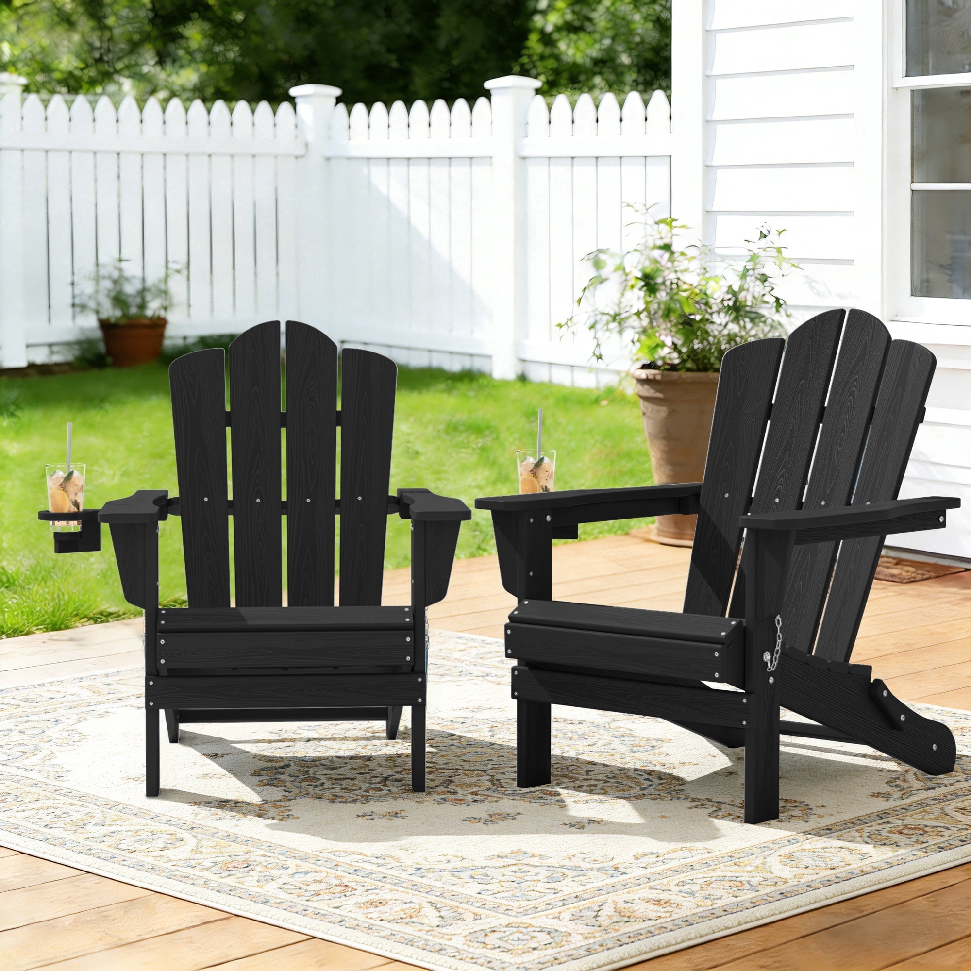 KINGYES Outdoor Folding Adirondack Chair Set of 2 with Cup Holders, HDPE Folding Adirondack Fir Pit Chairs for Patio Garden Backyard Deck, Black