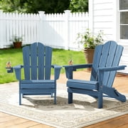 KINGYES Folding Adirondack Chairs Set of 2 W/ Cup Holder, HDPE All-Weather Outdoor Adirondack Chair, Fir Pit Chairs for Patio Garden Backyard Deck, Navy