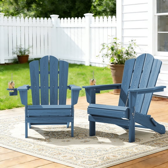 KINGYES Folding Adirondack Chairs Set of 2, HDPE All-Weather Folding Adirondack Chair, Fir Pit Chairs for Patio Garden Backyard Deck, Navy