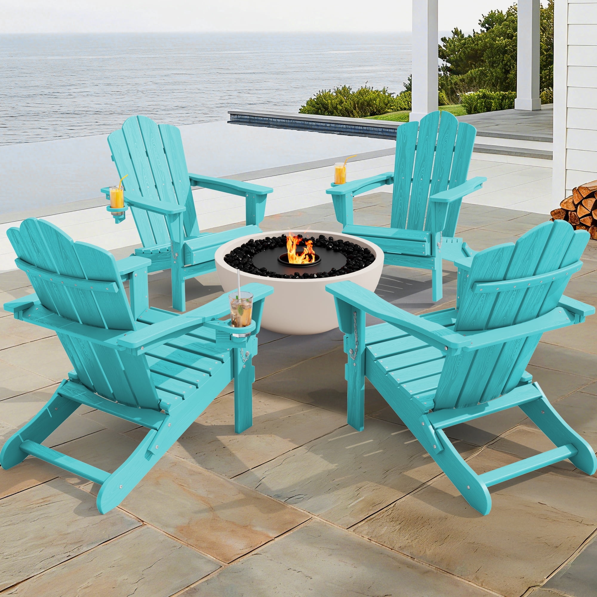 KINGYES Folding Adirondack Chair Set of 4 with Cup Holder, HDPE Outdoor Adirondack Fir Pit Chairs for Patio Garden Backyard Deck, Aruba Blue