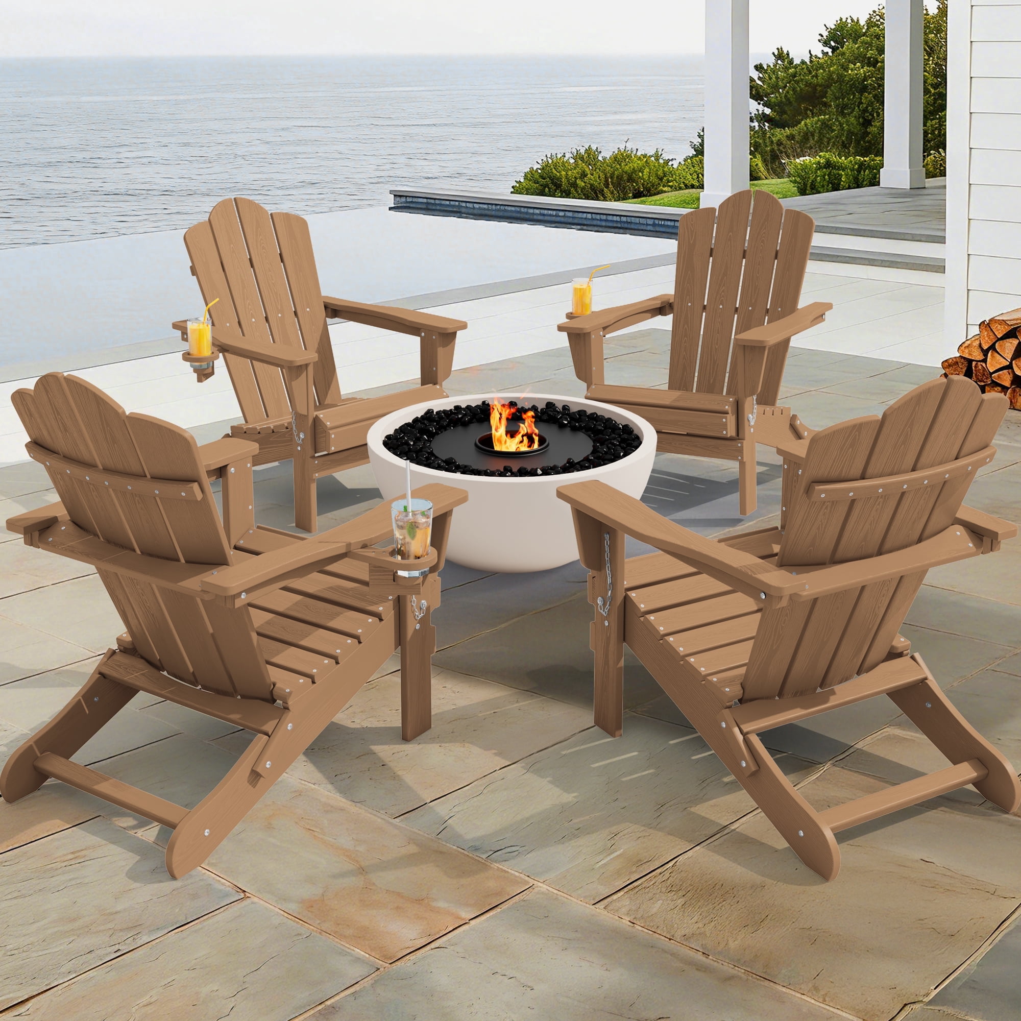 KINGYES Adirondack Chair with Cup Holders, HDPE Folding Adirondack, Fir Pit Chairs for Patio Garden Backyard Deck