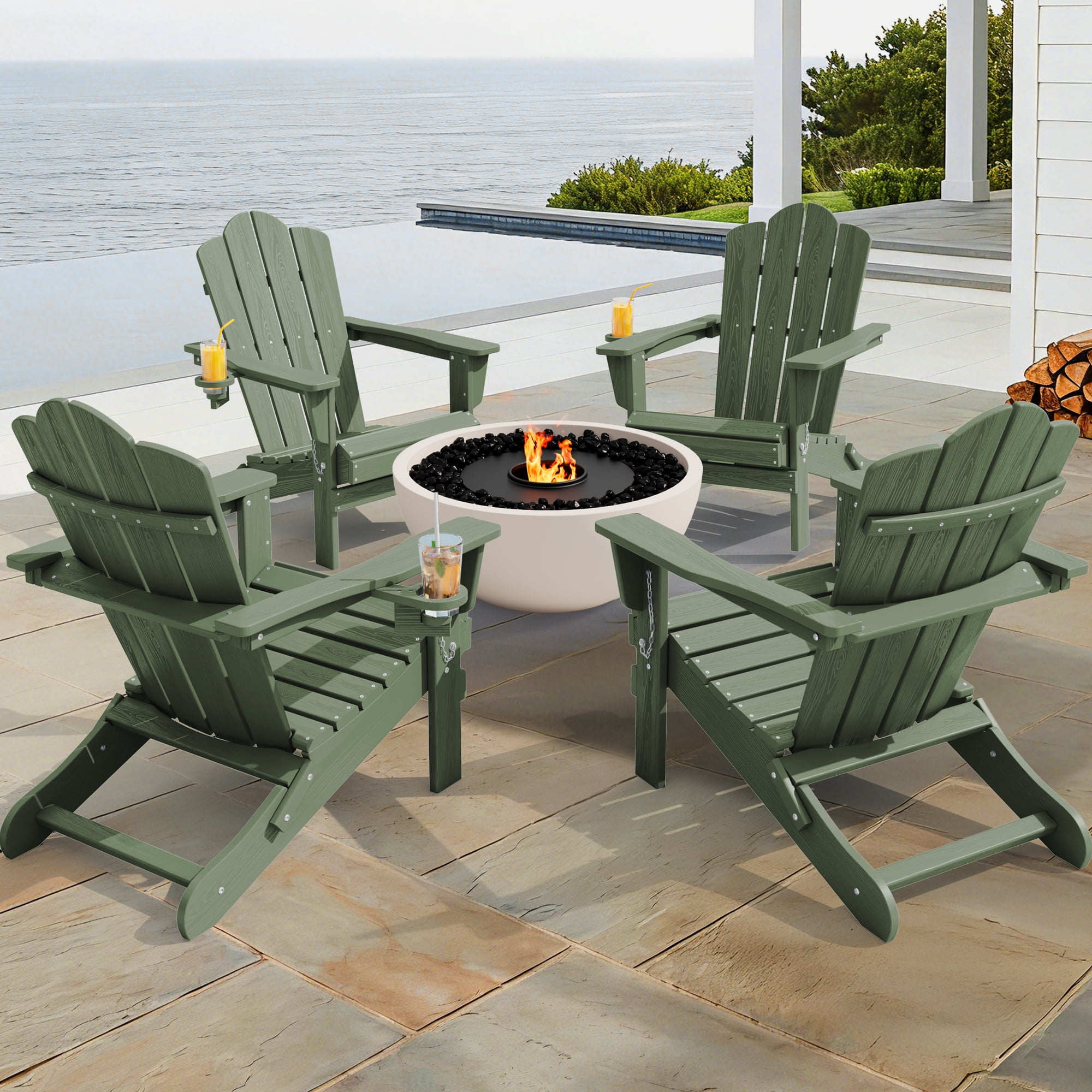 KINGYES Adirondack Chair with Cup Holders, HDPE Folding Adirondack, Fir Pit Chairs for Patio Garden Backyard Deck