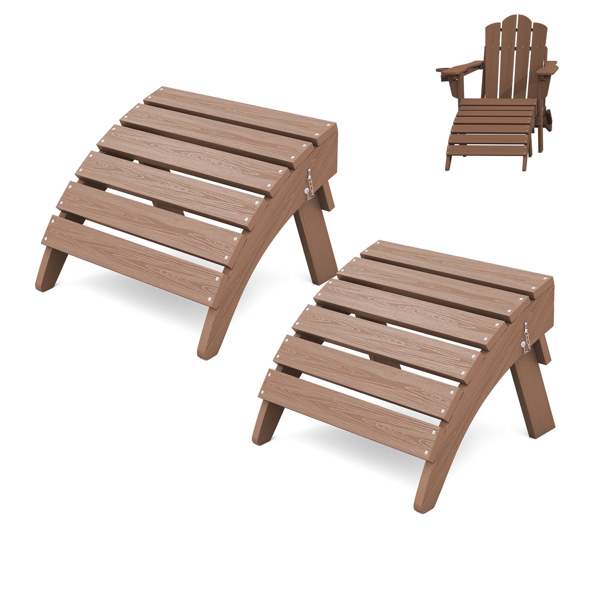 KINGYES Folding Adirondack Ottoman Set of 2, HDPE Outdoor Foot Rest, Plastic Adirondack Footstool for Adirondack Chairs, Brown