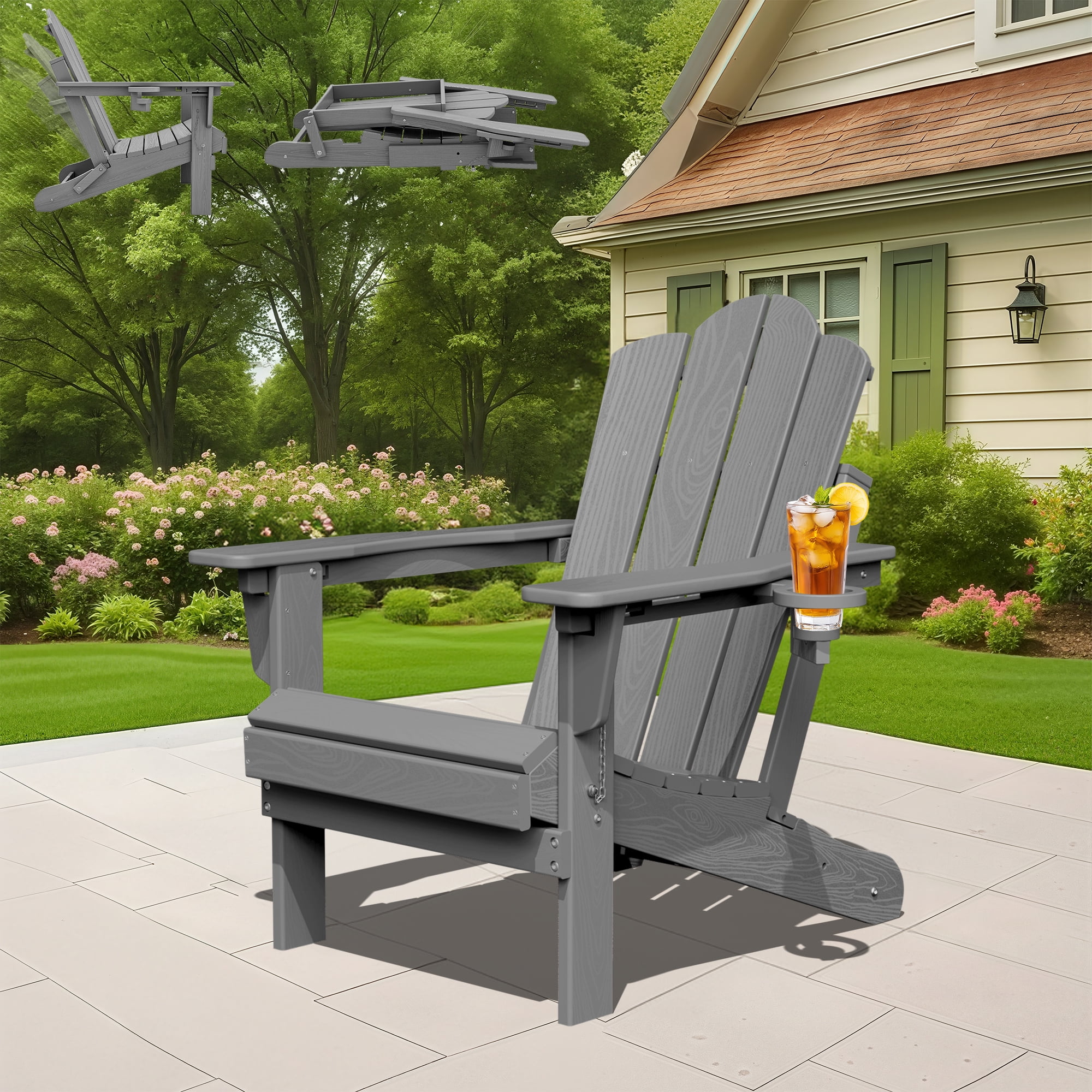 KINGYES Folding Adjustable Adirondack Chair, All Weather Use Reclining Adirondack Chair, HDPE Adirondack Outdoor Chair - Grey