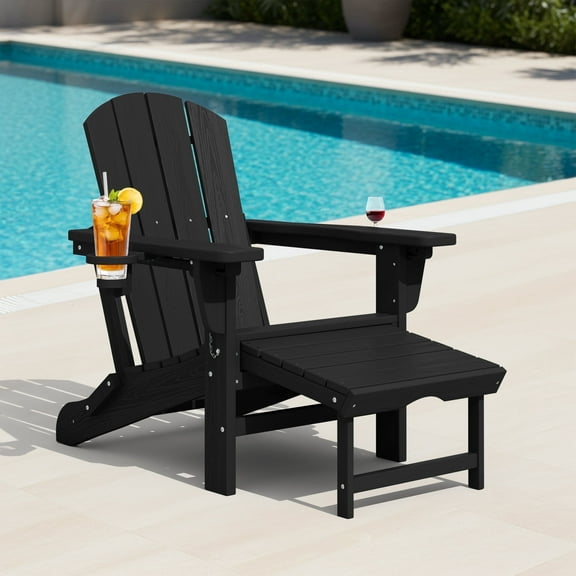 KINGYES Folding Adjustable Adirondack Chair with Retractable Ottoman & 2 Cup Holders for Patio Garden, Black