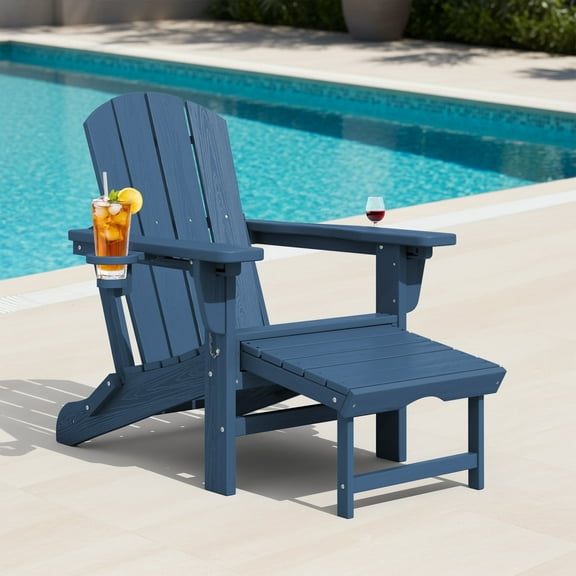KINGYES Folding Adjustable Adirondack Chair with Retractable Ottoman & 2 Cup Holders for Patio Garden, Blue