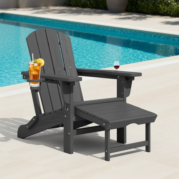 KINGYES Folding Adjustable Adirondack Chair with Retractable Ottoman & 2 Cup Holders for Patio Garden, Grey