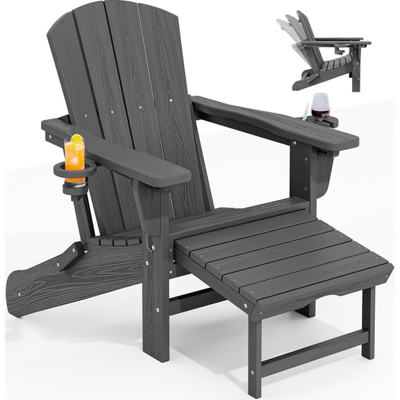 KINGYES Folding Adjustable Adirondack Chair with Retractable Ottoman & 2 Cup Holders for Patio Garden, Grey