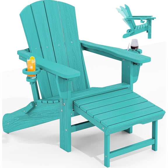 KINGYES Folding Adjustable Adirondack Chair with Retractable Ottoman, HDPE Reclining Adirondack Chair with Cup Holde, Aruba