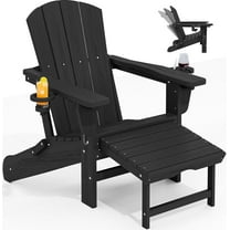 KINGYES Folding Adjustable Adirondack Chair with Retractable Ottoman, HDPE Reclining Adirondack Chair with Cup Holde, Black