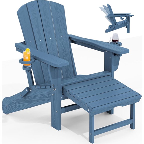 KINGYES Folding Adjustable Adirondack Chair with Retractable Ottoman, HDPE Reclining Adirondack Chair with Cup Holde, Blue