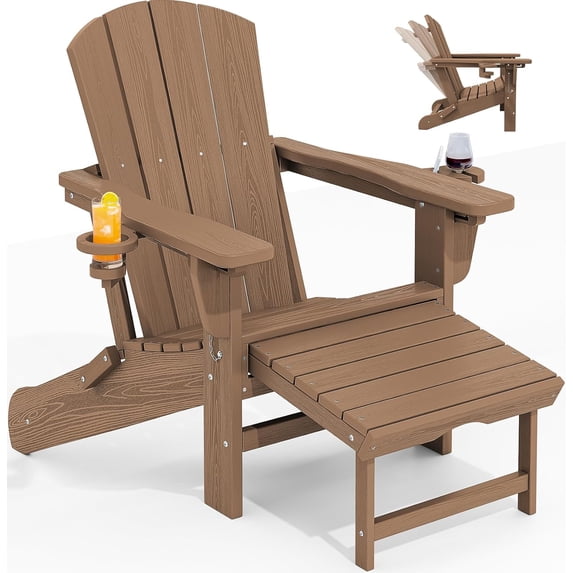 KINGYES Folding Adjustable Adirondack Chair with Retractable Ottoman, HDPE Reclining Adirondack Chair with Cup Holde, Brown