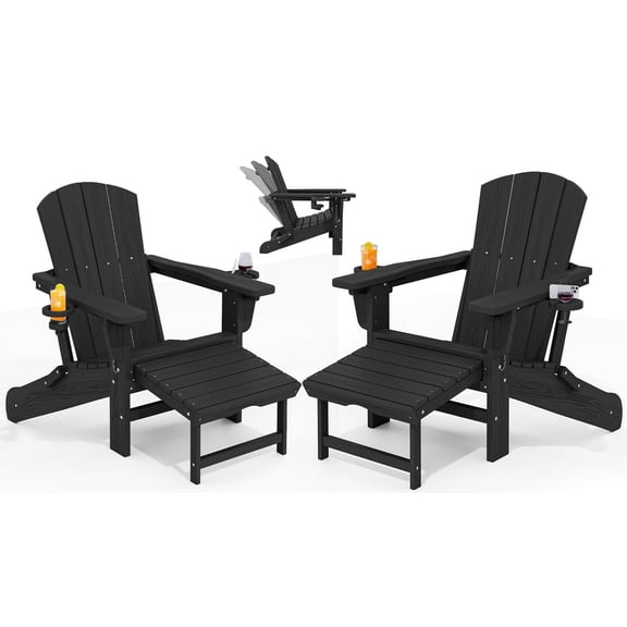 KINGYES Folding Adjustable Adirondack Chair with Retractable Ottoman Set of 2, HDPE Outdoor Reclinner Chair for Patio, Garden, Fire Pit, Black