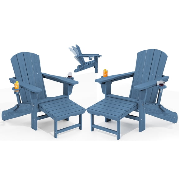 KINGYES Folding Adjustable Adirondack Chair with Retractable Ottoman Set of 2 for Patio Garden, Blue