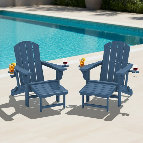 KINGYES Folding Adjustable Adirondack Chair with Retractable Ottoman Set of 2 for Patio Garden, Blue