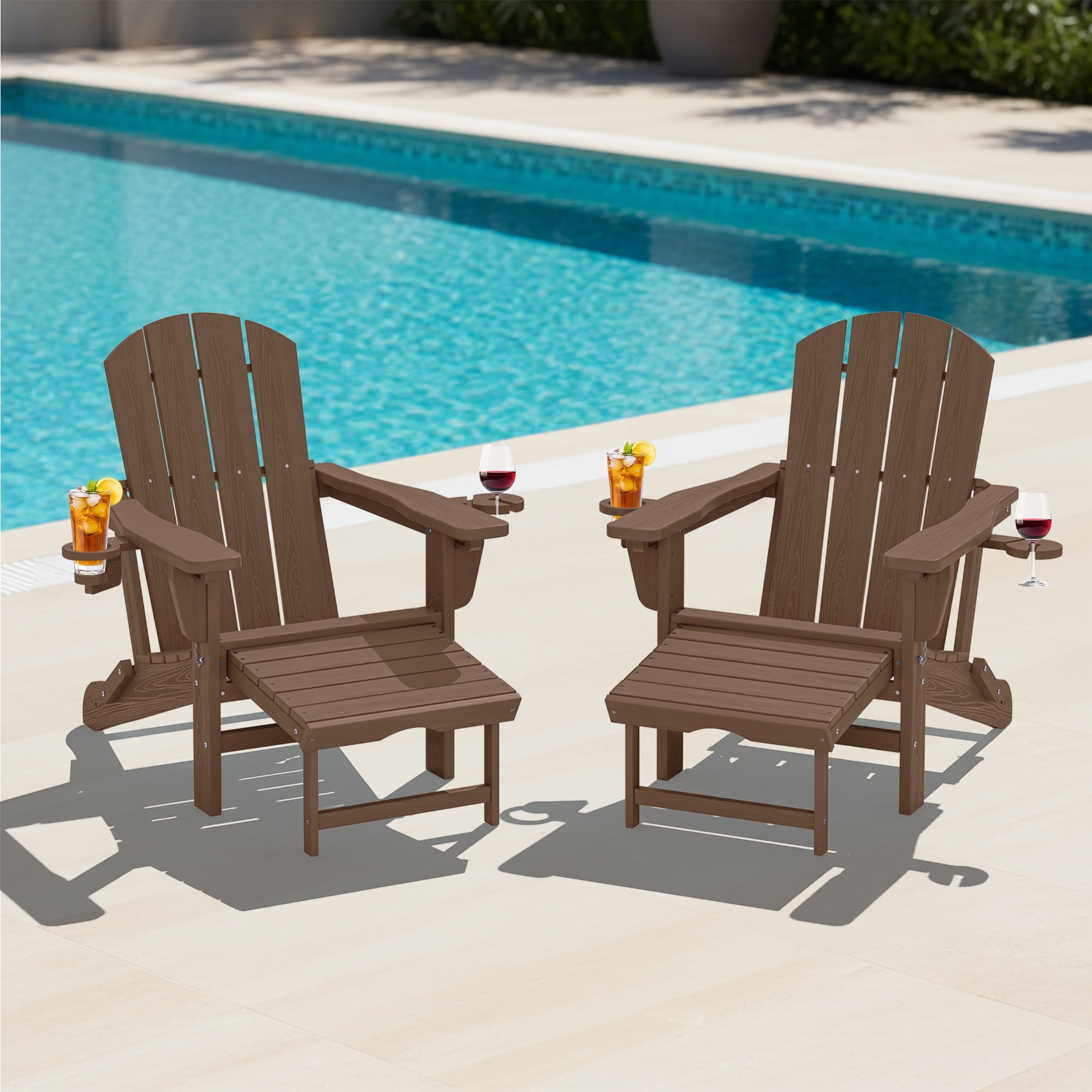 KINGYES Folding Adjustable Adirondack Chair with Retractable Ottoman Set of 2 for Patio Garden, Brown
