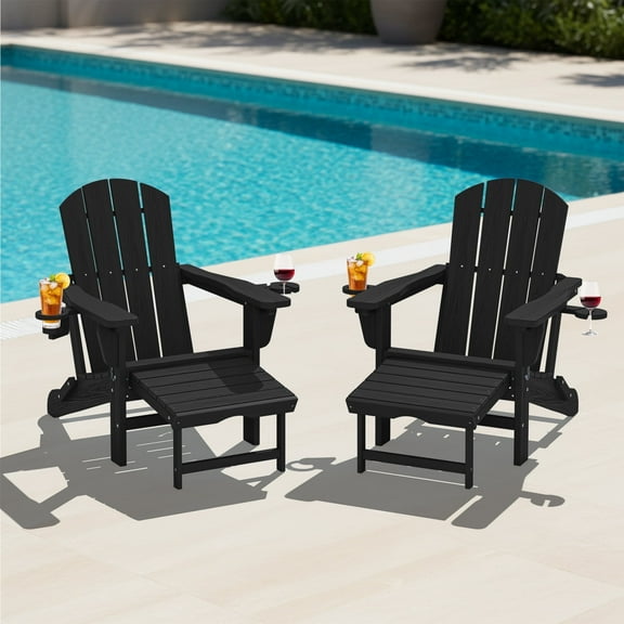 KINGYES Folding Adjustable Adirondack Chair with Retractable Ottoman Set of 2 for Patio Garden, Black