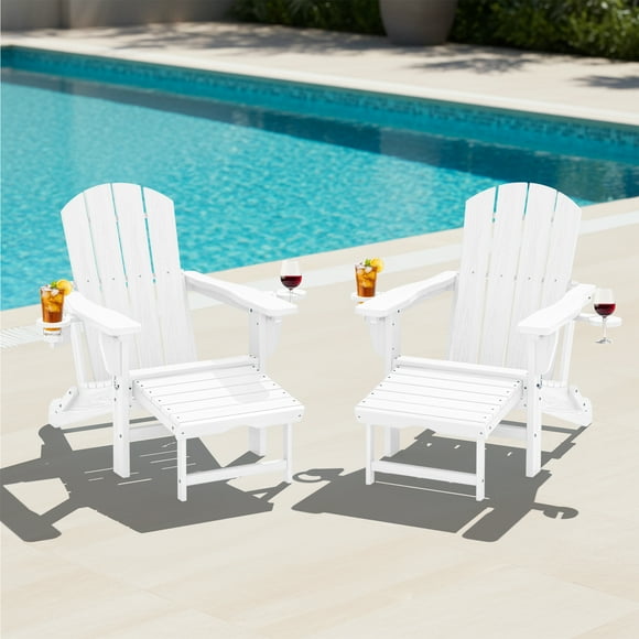 KINGYES Folding Adjustable Adirondack Chair with Retractable Ottoman Set of 2 for Patio Garden, White