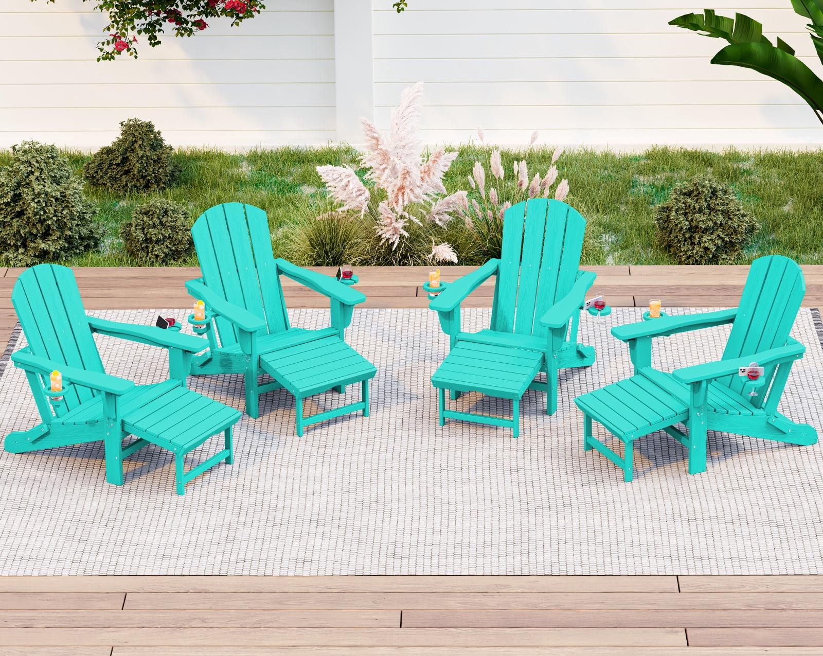 KINGYES Folding Adjustable Adirondack Chairs with Retractable Ottoman Set of 4 for Patio Garden, HDPE Outdoor Patio Chair with Footrest Aruba