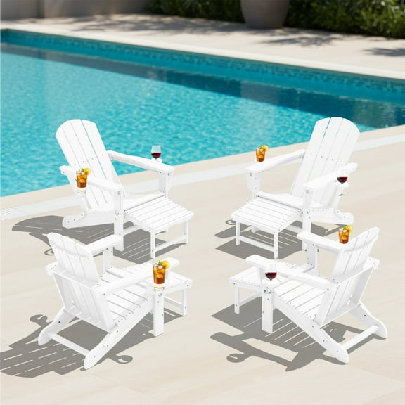 KINGYES Folding Adjustable Adirondack Chair with Retractable Ottoman Set of 4 for Patio Garden, White