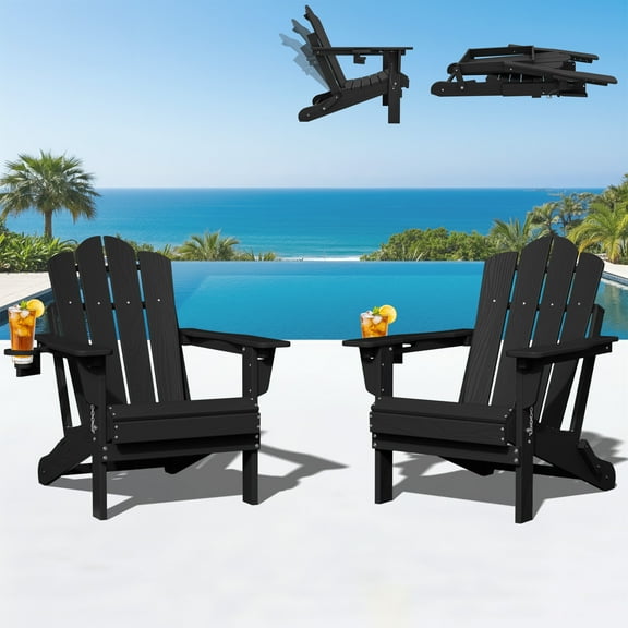 KINGYES Folding Adjustable Adirondack Chairs Set of 2, All Weather Use Reclining Adirondack Chair, HDPE Adirondack Outdoor Chair - Black
