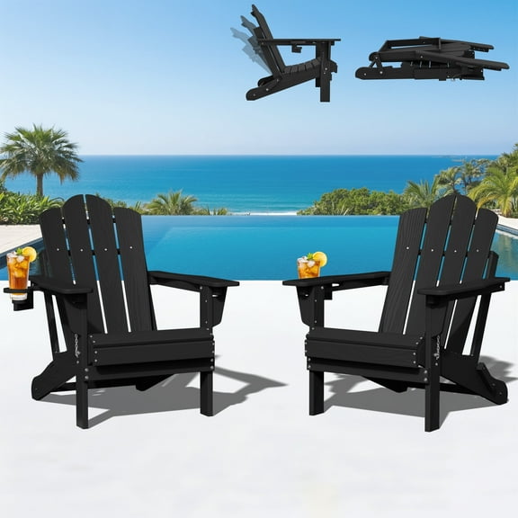 KINGYES Folding Adjustable Adirondack Chairs Set of 2, All Weather Use Reclining Adirondack Chair, HDPE Adirondack Outdoor Chair - Black
