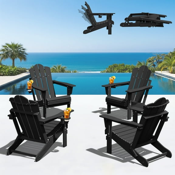 KINGYES Folding Adjustable Adirondack Chairs Set of 4, All Weather Use Reclining Adirondack Chair, HDPE Adirondack Outdoor Chair - Black