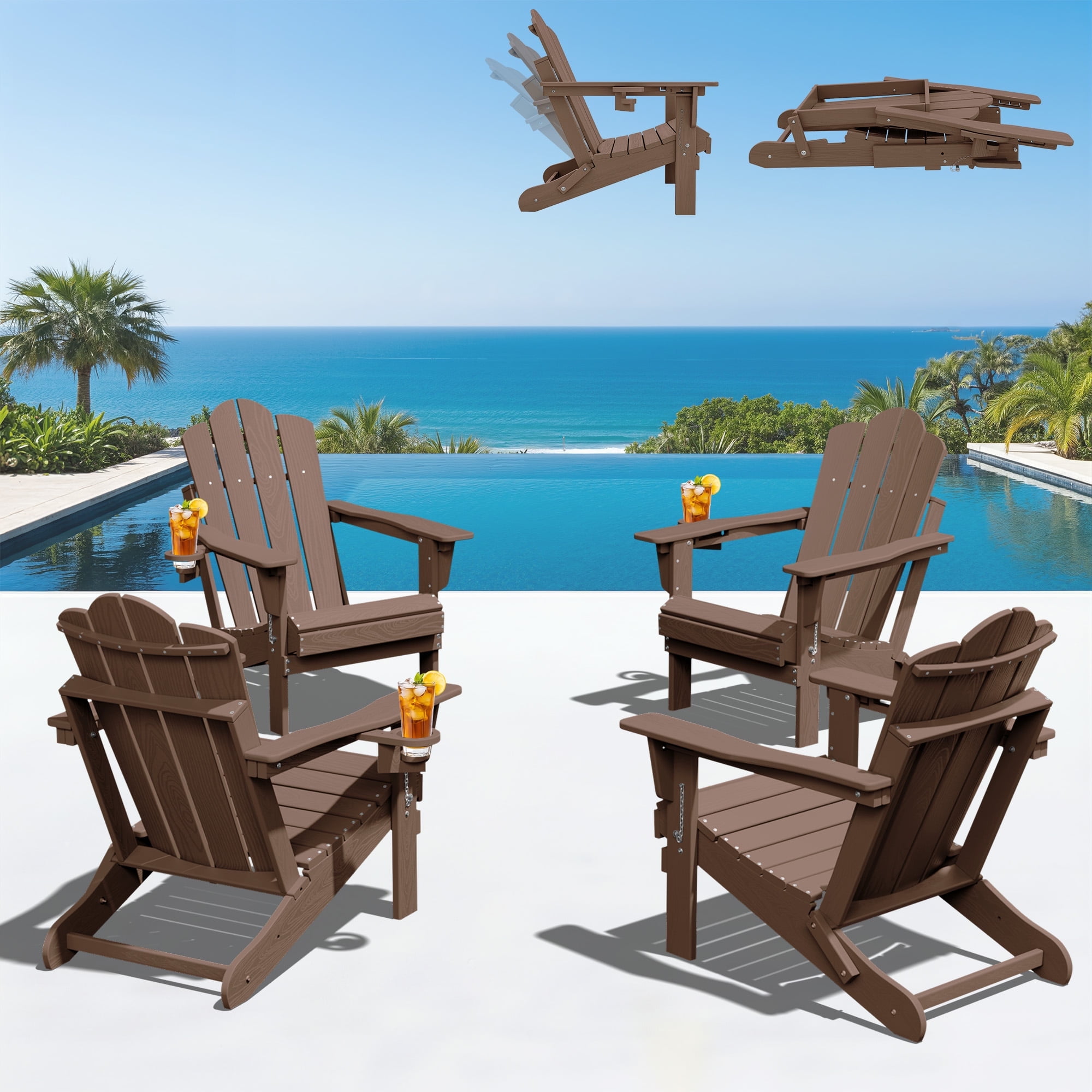 KINGYES Folding Adjustable Adirondack Chairs Set of 4, All Weather Use Reclining Adirondack Chair, HDPE Adirondack Outdoor Chair - Brown