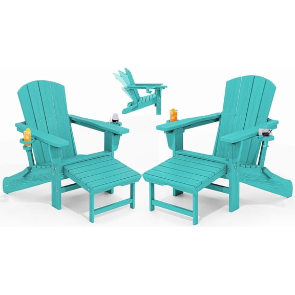 KINGYES Folding Adjustable Adirondack Chairs with Ottoman & 2 Cup Holders Set of 2, HDEP Multifunctional Adirondack Chair with Footrest, Aruba