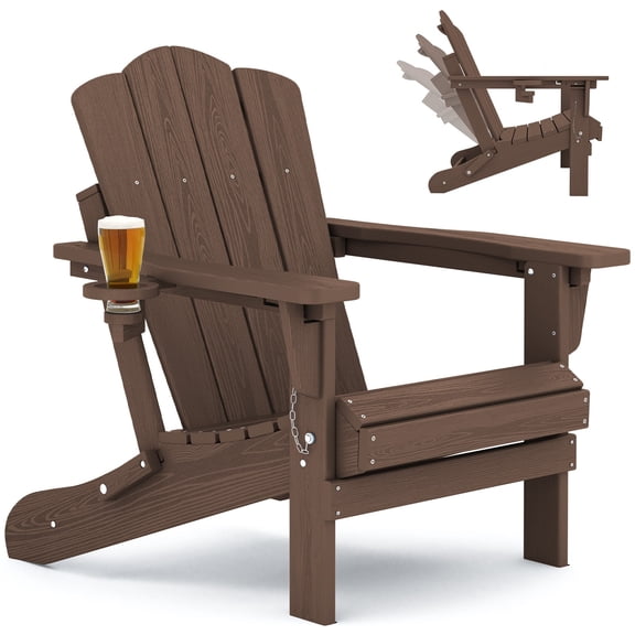 KINGYES Folding Adjustable Backrest Adirondack Chair With Cup Holder, Oversized Weather Resistant HDPE Reclining for Adults, Brown