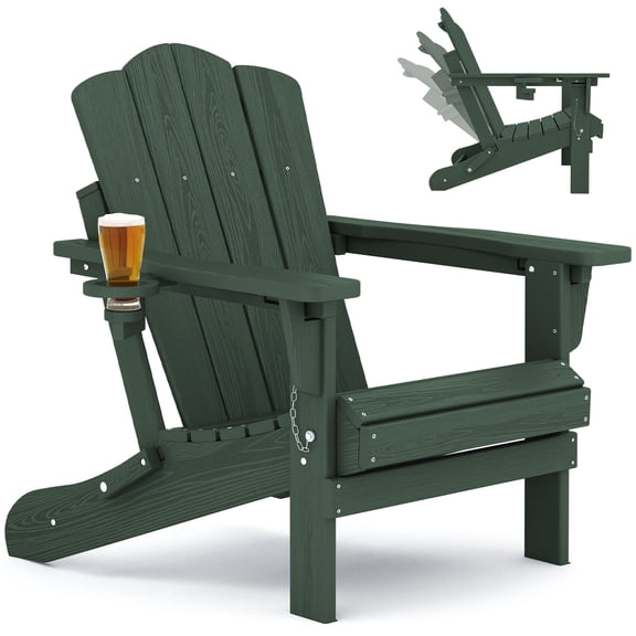 KINGYES Folding Adjustable Backrest Adirondack Chair With Cup Holder, Oversized Weather Resistant HDPE Reclining for Adults, Green