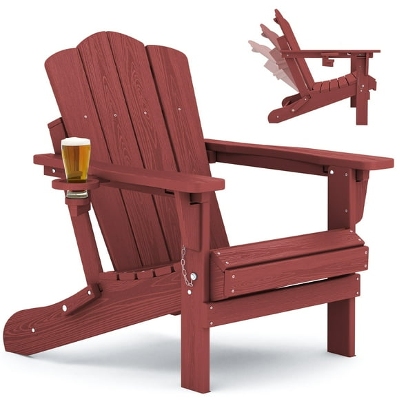 KINGYES Folding Adjustable Backrest Adirondack Chair With Cup Holder, Oversized Weather Resistant HDPE Reclining for Adults, Red