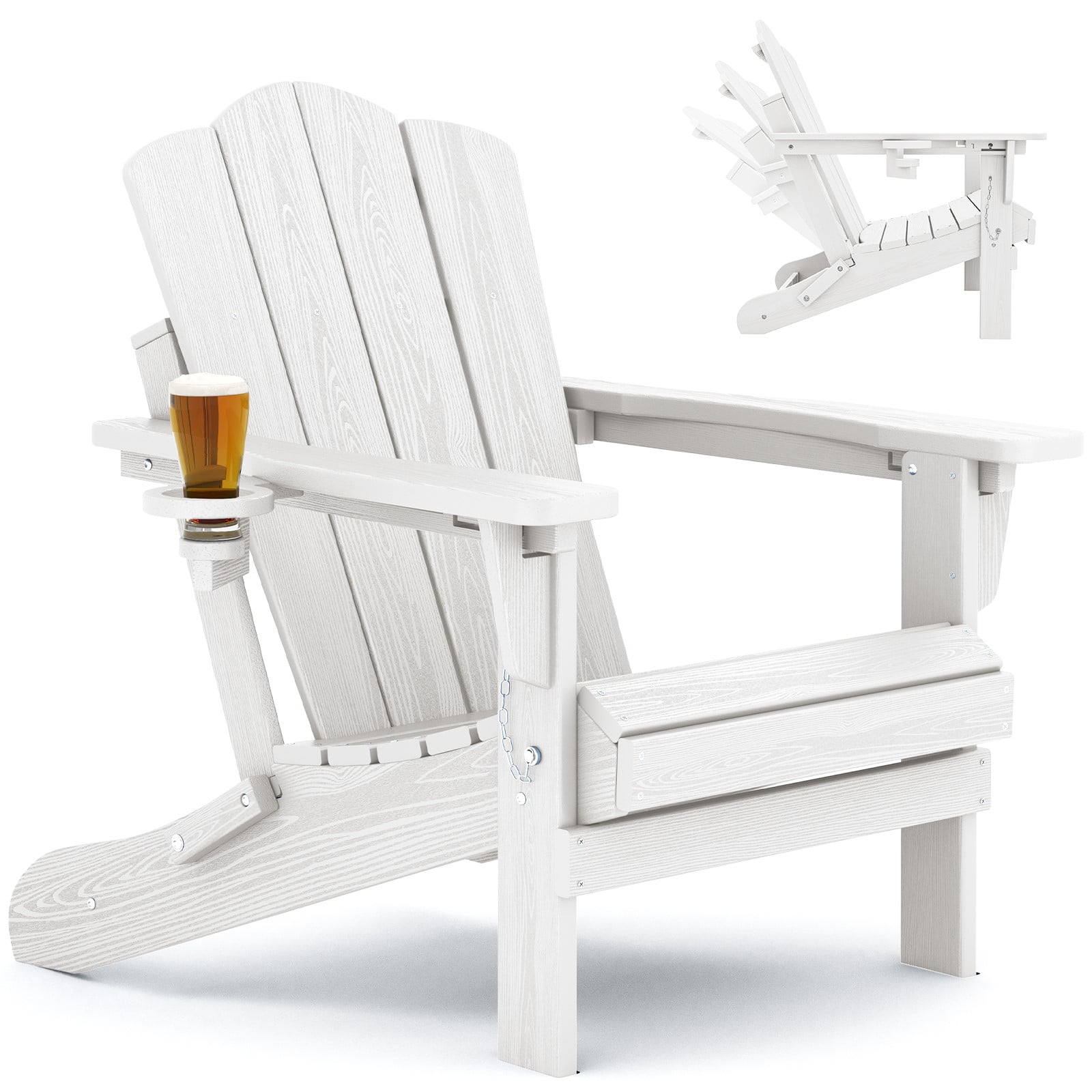 KINGYES Folding Adjustable Backrest Adirondack Chair With Cup Holder, Oversized Weather Resistant HDPE Reclining for Adults, White