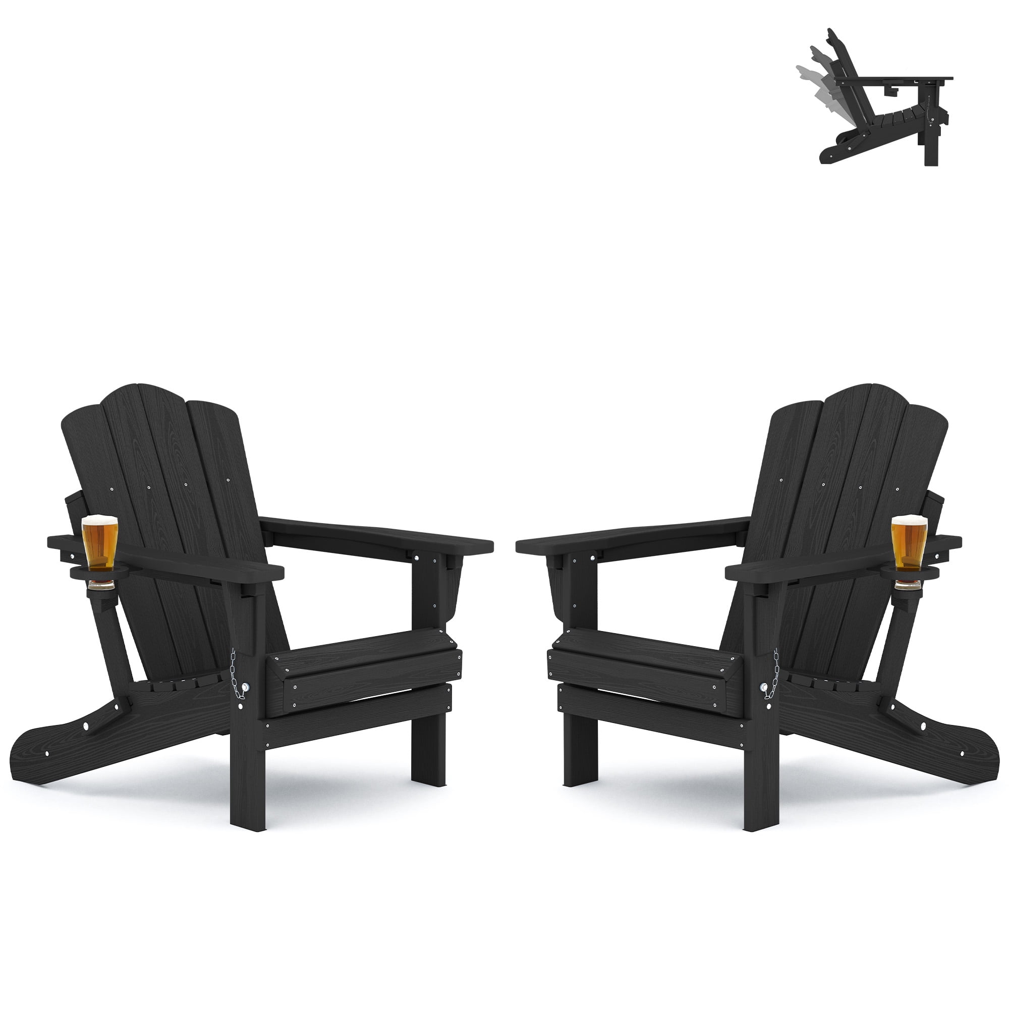 KINGYES Folding Adjustable Backrest Adirondack Chairs with Cup Holder Set of 2, All Weather Use Reclining Adirondack Chairs Set of 2, Black