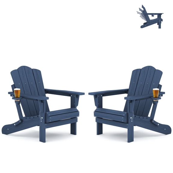 KINGYES Folding Adjustable Backrest Adirondack Chairs with Cup Holder Set of 2, All Weather Use Reclining Adirondack Chairs Set of 2, Blue