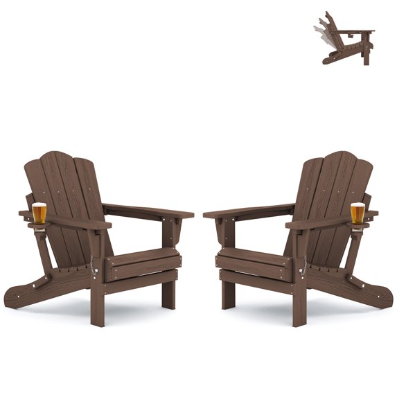 KINGYES Folding Adjustable Backrest Adirondack Chairs with Cup Holder Set of 2, All Weather Use Reclining Adirondack Chairs Set of 2, Brown