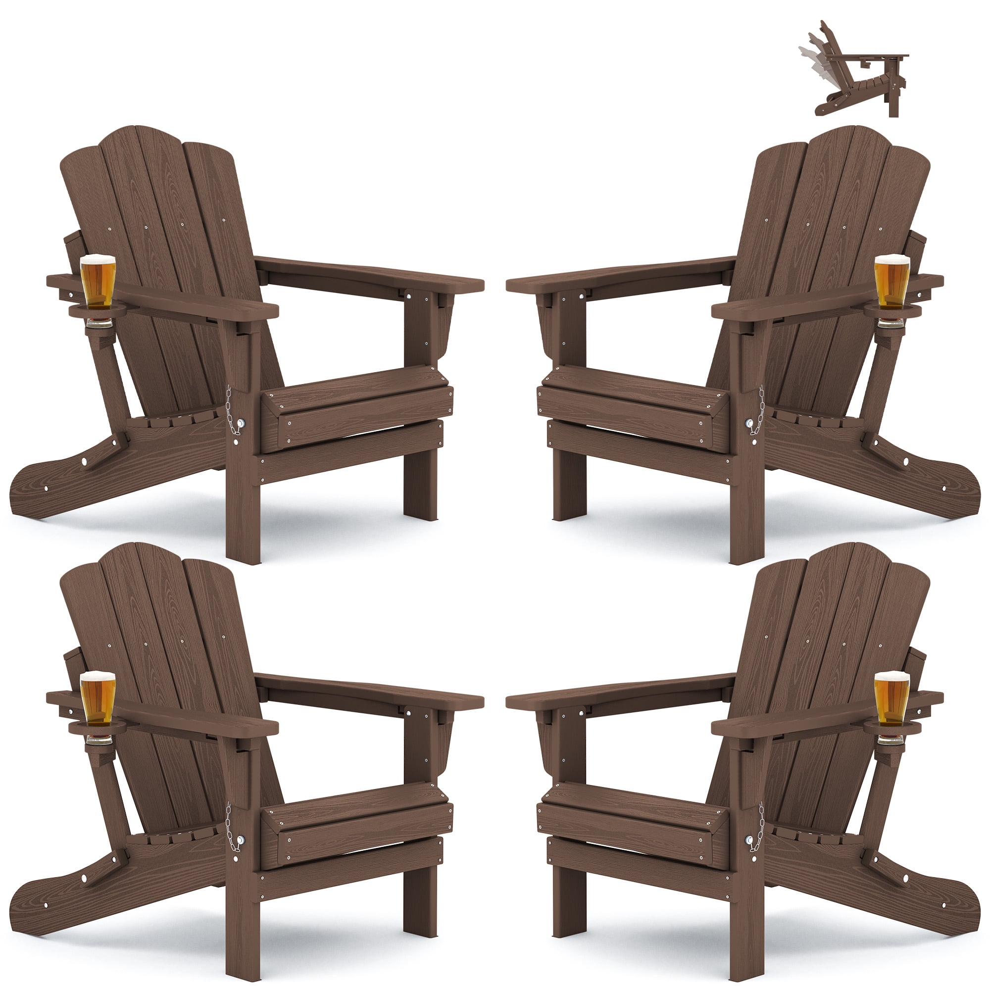 KINGYES Folding Adjustable Backrest Adirondack Chairs with Cup Holder Set of 4, All Weather Use Reclining Adirondack Chairs Set of 4, Brown