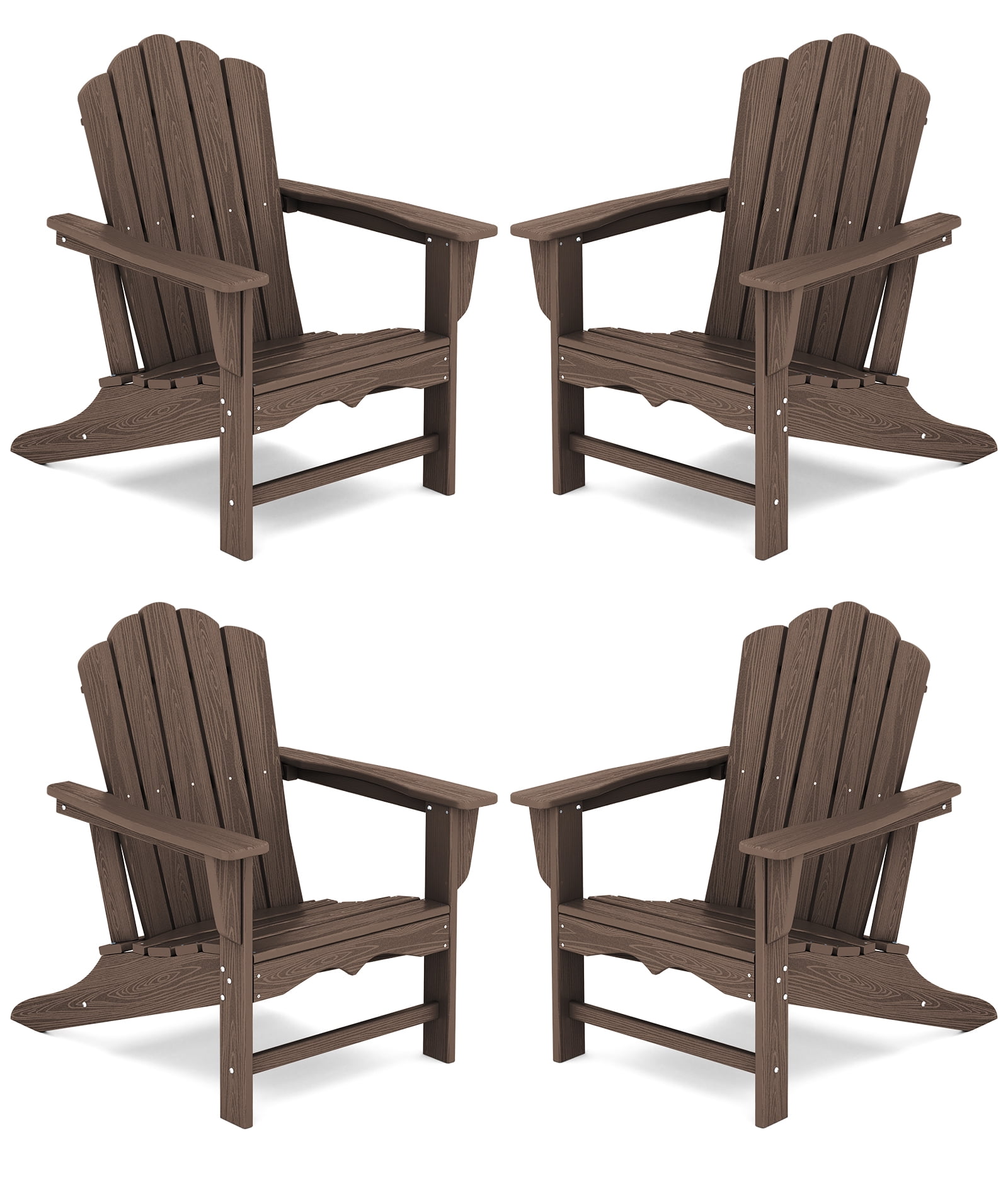 KINGYES HDPE Adirondack Chair Set of 4, All-Weather Outdoor Fire Pit Chairs for Patio Deck Lawn, Brown