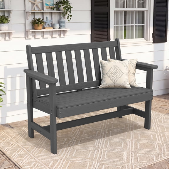 KINGYES HDPE Outdoor Bench, 2-Person All-Weather Patio Bench with 660 lbs Capacity, Garden Bench for Backyard, Porch & Park, Gray