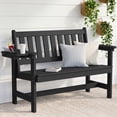 thumbnail image 1 of KINGYES HDPE Outdoor Bench with Integrated Side Tray, 2-Person All-Weather Patio Bench with 660 lbs Capacity, Porch Bench for Backyard, Garden & Park, Black, 1 of 12