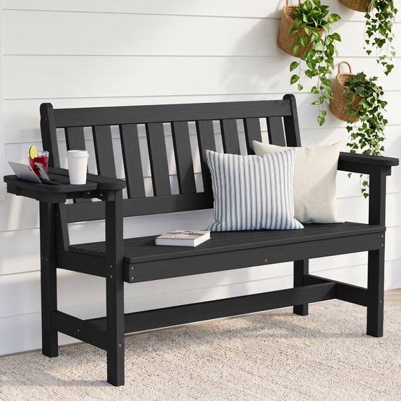 KINGYES HDPE Outdoor Bench with Integrated Side Tray, 2-Person All-Weather Patio Bench with 660 lbs Capacity, Porch Bench for Backyard, Garden & Park, Black