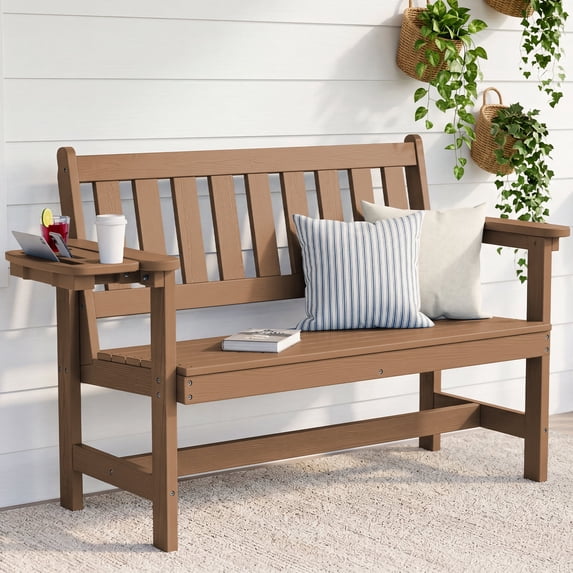 KINGYES HDPE Outdoor Bench with Integrated Side Tray, 2-Person All-Weather Patio Bench with 660 lbs Capacity, Porch Bench for Backyard, Garden & Park, Brown