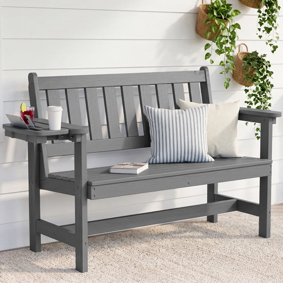 KINGYES HDPE Outdoor Bench with Integrated Side Tray, 2-Person All-Weather Patio Bench with 660 lbs Capacity, Porch Bench for Backyard, Garden & Park, Gray