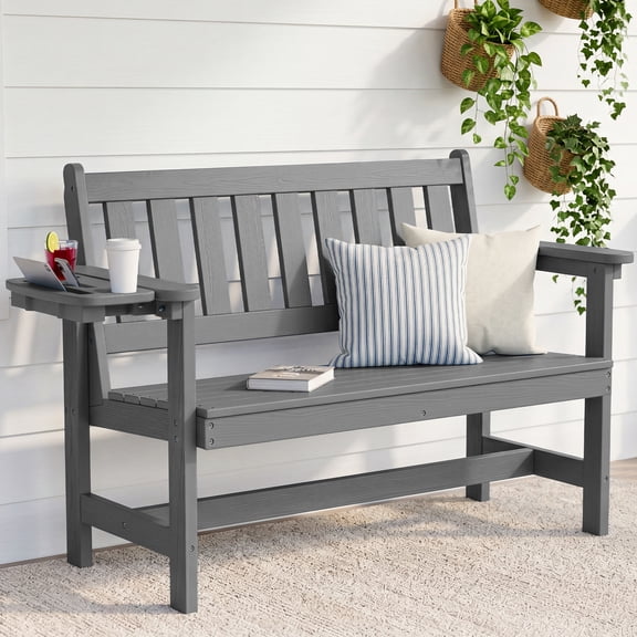 KINGYES HDPE Outdoor Bench with Integrated Side Tray, 2-Person All-Weather Patio Bench with 660 lbs Capacity, Porch Bench for Backyard, Garden & Park, Gray