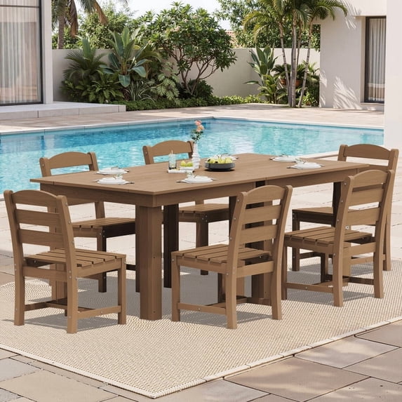 KINGYES 8-Piece HDPE Outdoor Dining Set for 6, Square Patio Table & Armless Chairs with Umbrella Hole, All-Weather Patio Dining Set for Backyard, Garden, Lawn & Poolside, Brown