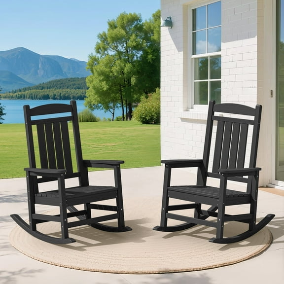 KINGYES HDPE Outdoor Rocking Chairs Set of 2,HDPE Patio Rocker for Porch,Black