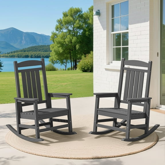 KINGYES HDPE Outdoor Rocking Chairs Set of 2,HDPE Patio Rocker for Porch,Grey